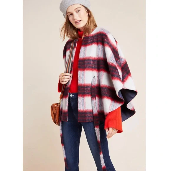 ANTHROPOLOGIE NWT Blue Plaid Brushed Wool Johanna Capelet Poncho Belted Cape OS